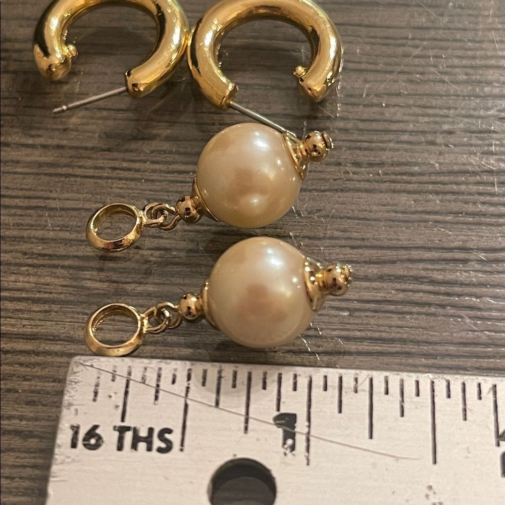 Vintage Gold-tone Hoops with Faux Pearl Charms- Drops - Picture 10 of 16